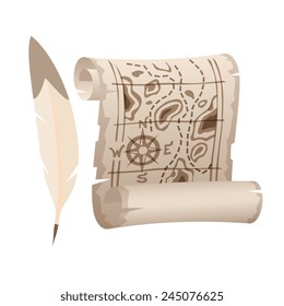 Old paper scroll map and feather. Realistic vector art illustration icon.