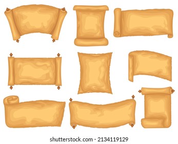 Old paper scroll and parchment cartoon vector set of blank ancient papyrus or antique manuscript on wood rods. Historical vintage scrolls vector set. Papyrus for religious scripture, aged certificate