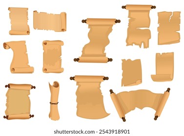 Old paper scroll and parchment cartoon vector set of blank ancient papyrus or antique manuscript on wood rods. Illustration of antique old parchment.