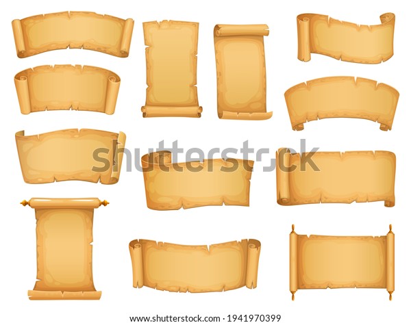 Old paper scroll and parchment cartoon vector set of blank ancient