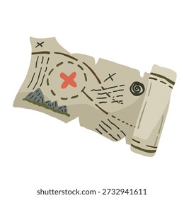 Viejo mapa del tesoro pirata de papel con la marca "X". Clipart de aventuras aislado para la búsqueda del tesoro y los recursos del juego.
