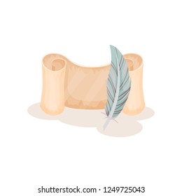 Old paper scroll and quill pen, parchment, manuscript, symbols of retro writing, science and knowledge vector Illustration
