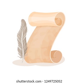 Old paper scroll and quill pen, symbols of retro writing, science and knowledge vector Illustration on a white background