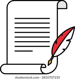 Old paper scroll with red feather quill pen vector
