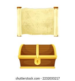 Old Paper Scroll with Spell Symbol and Wooden Treasure Chest as Magical Object and Witchcraft Item Vector Set