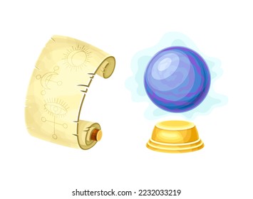 Old Paper Scroll with Spell Symbol and Crystal Ball as Magical Object and Witchcraft Item Vector Set