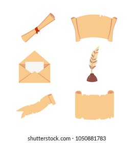 Old Paper scroll vector set. Retro document script with copyspace. Vintage blank and letter illustrations.