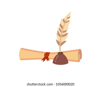 Old Paper scroll vector set. Retro document script feather pen.