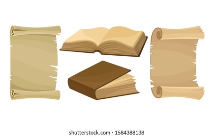Old Paper Scrolls and Books, Science and Knowledge Symbols Vector Illustration