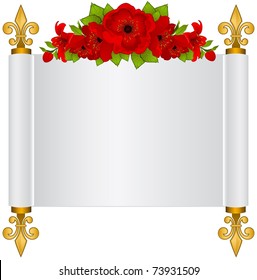 Old paper in scrolls with red orchids