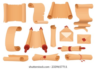 Old paper scrolls set vector illustration. 3D isolated blank parchment ancient rolls with ribbon and papyrus manuscript, vintage letter with wax seal, medieval page of document or treasure map