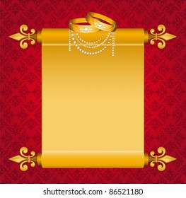 Old paper in scrolls with two wedding rings. Vector