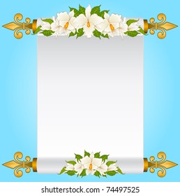 Old paper in scrolls with white orchids