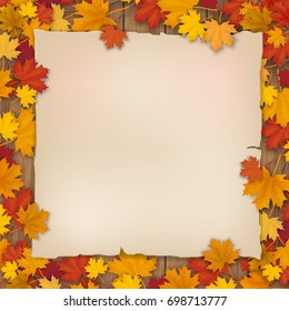 Old paper  sheet in the fallen foliage of a maple tree. Background for autumn card. Vector realistic illustration.