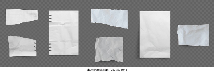 Old paper sheets set isolated on transparent background. Vector realistic illustration of blank torn and wrinkled notebook pages, pieces of crease white memory notes, uneven edges, scrap notepaper