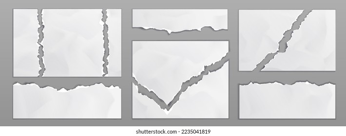 Old paper sheets with torn edges. White ripped and crumpled notes and scraps isolated on gray background. Blank paper pages pieces, vector realistic illustration - Shutterstock ID 2235041819
