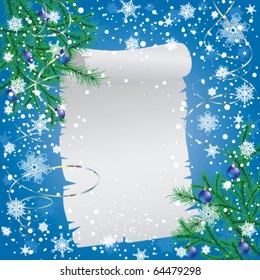 Old paper and spruce branches on a blue background