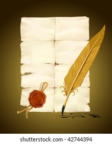 old paper with stamp and ink feather tool - vector illustration