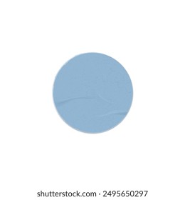 Old paper sticker with a textured surface. Vector illustration of a round sticker in a light blue color, displaying slight creases and a vintage appearance.