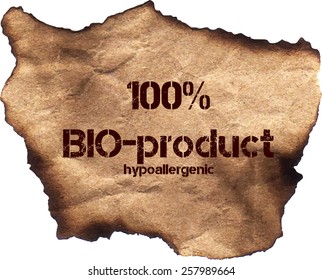 Old paper texture with lettering "100 % Bio-product hypoallergenic", vector. Label or sticker. 