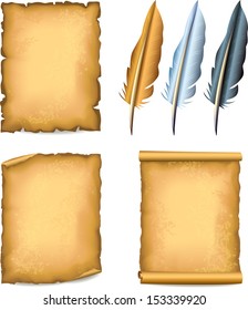 Old paper textured sheets and three feather pens photo realistic vector