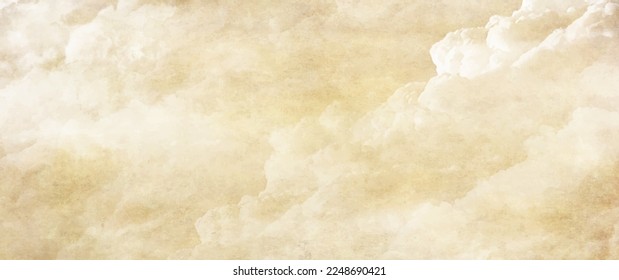 Old paper vector texture with white clouds and sky for cover design, cards, flyer, poster, banner. Vintage dirty watercolor art backdrop. Hand drawn watercolour illustration. Aged painted template.