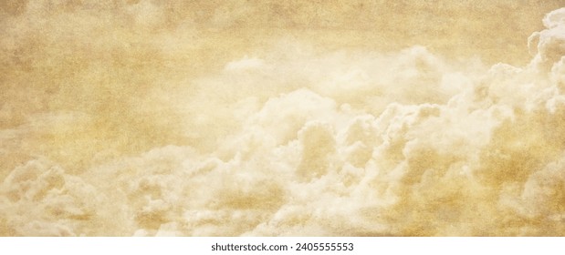 Old paper vector texture with white clouds and sky for cover design, cards, flyer, poster, banner. Vintage dirty watercolor art backdrop. Hand drawn watercolour illustration. Aged painted template.