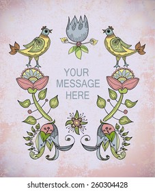 old paper, vintage background with  decorative birds and flowers