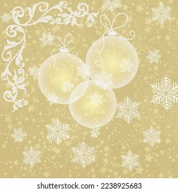Old paper in vintage style with stars and balls. Winter postcard, frame, background, pattern, vector image