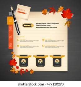 Old Paper Website Template with Autumn Leaves Illustration. Vector Eps 10

