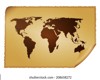 Old paper with world map on a white background. Vector illustration.