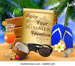 old paper for your desighn on tropical background with sunglasses wooden board and exotic beverage and cocnuts vector