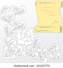 Old paper.Flowers.Abstract wallpaper with old paper and flower . Drawing . 