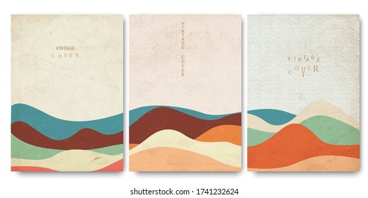 Old papers, Covers templates set with japanese waves patterns and geometric curve hand drawn shapes oriental style. Vector layout for brochures, posters,placards, covers and banners