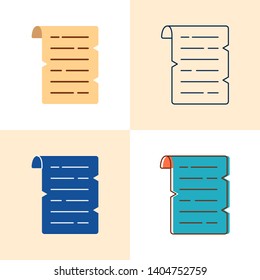 Old papyrus icon set in flat and line style. Ancient scroll symbol. Vector illustration.