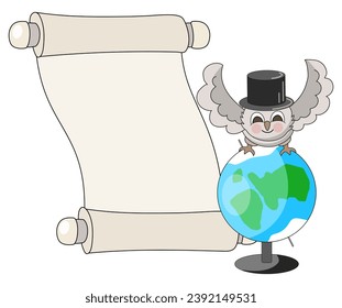 Old papyrus scroll and owl in black top hat with open wings sitting on a globe. Vector illustration for poster, presentation. Copy space.