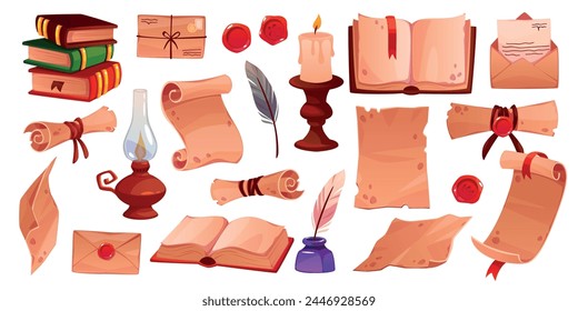 Old papyrus scroll and vintage books. Fantasy parchment, sealing wax seals, kerosene lamp, ancient paper, inkwell, candle, antique documents cartoon flat style isolated tidy vector set