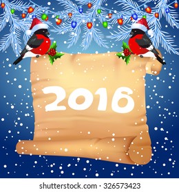 Old parchment with bullfinches in Santa Claus hat and decorative Christmas spruce 