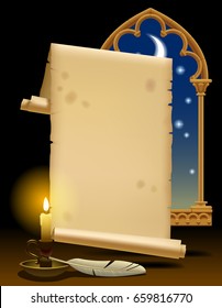 Old parchment with candle light, feather and gothic decorative window. Vintage stylized banner and template design. Vector illustration