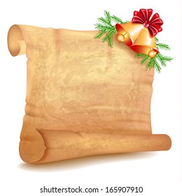 Old parchment and Christmas decorative jingle bells