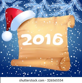 Old parchment and Christmas hat with decorative Christmas spruce branches