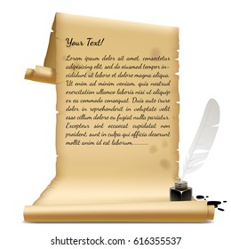 Old parchment with an inkwell and feather isolated on white. Vintage banner. Vector Illustration