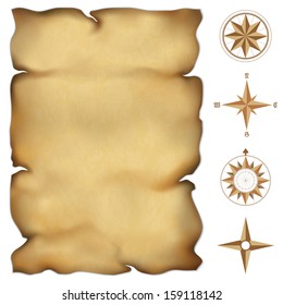 Old parchment map with wind rose compass. Highly detailed vector. Illustration contains gradient mesh