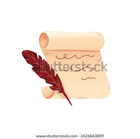Old parchment paper and feather. Ancient historical papyrus, vintage antique letter and quill. Aged history document, medieval manuscript. Flat cartoon vector illustration isolated on white background