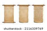 Old parchment paper scroll and ancient papyrus manuscript. Realistic antique vector rolls of rough paper with torn edges,. Certificate, treasure map or document, letter, message or diploma