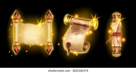 Old parchment paper scroll illustration, vector game ancient letter, antique magic manuscript, sparks. UI fantasy medieval roll, gold vintage papyrus, rolled diploma isolated on black. Old parchment 