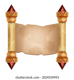 Old parchment paper scroll illustration, vector ancient papyrus document, game UI menu frame. Vintage manuscript roll background, medieval gold royal empty message. Open diploma, old parchment banner