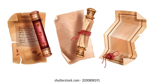 Old parchment paper scroll vector set, ancient papyrus roll document, medieval manuscript letter. Game treasure message illustration, historical antique page. Empty old parchment sheet, wax seal