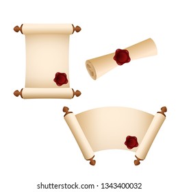 Old Parchment Paper Scrolls. Set Of Royal Scroll With Sealing Waxes. Can Be Used For Topics Like Message, News, Letter