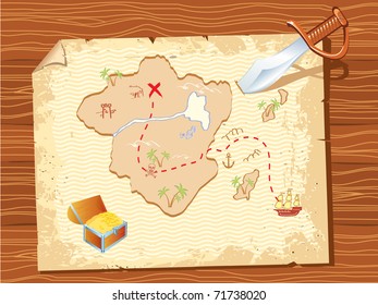 Old parchment with pirate map and dagger- vector illustration.